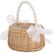 Wicker Rattan Flower Girl Basket with Pearl Handle and Bow Hand Woven Wicker Basket Candy Basket with Ribbon for Wedding