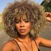 Nnzes Afro Short Curly Wig for Black Women Brown to Blonde Kinky Curly Fluffy Wig with Bangs 12inch Synthetic Hair Wig Curly Full Wigs for Daily Wear