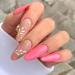Sethexy short almond false nails flower press on nail pink shiny artificial nails 24 pieces acrylic nails to stick on for women and girls pink flower
