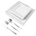125 Pieces Silver Square Plastic Plates with Silver Rim & Disposable Silverware - include 25 pcs 9.5inch Dinner Plates 25 pcs 6.6inch Dessert Plates 25 Forks 25 Knives 25 Spoons for weddings and parties