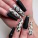 Vatocu coffin matte false nails long black white fake nails butterfly leopard print press on nails halloween acrylic stick on nails for women and girls (24 pieces)
