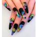 Artquee 24pcs Black Almond Press on Nails Medium Length Fake Nail Art with Colorful Graffiti Designs Acrylic Nails Artificial Matte Stiletto Nails in 12 Sizes Stick on False Nails Tips for Women Black Matte Colorful Graf...