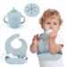 Silicone Sippy Cup with Straw Toddler Cup with Silicone Baby Feeding Bibs 2 in 1 Straw Sippy Cup & Snack Cup for Baby Toddlers 6 Months+  Spill Proof and Non-Slip Handles  NO BPA  Unbreakable 9 OZ Blue