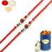 Ghasitaram Gifts Rakhi for Brother Rakhis Online Set of 2 - L-1 Rudraksh Rakhi with 100 GMS of Dryfruits Mix Can 2 Rakhi with 100 gms of Dryfruits Mix Can