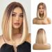 OUFEI 14 Inches Short Straight Blonde Bob Wig for Women Natural Synthetic Hair Ombre Wigs with Brown Roots Cosplay Daily Party Use Ombre Blonde