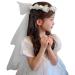 First Communion Veil with Light and Crystal First Holy Communion Veil for Girls White Bow and Flower Crown Lace Veil First Communion Headpiece for Girls First Communion Veil