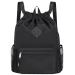 WANDF Drawstring Backpack Sports Gym Bag with Shoes Compartment Water-Resistant String Backpack Cinch for Women Men (Large Black) Black Large