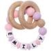 Munchewy Personalized Name Baby Rattle Teether Ring  Customizable Silicone Chew Bracelet with Natural Organic Beech Wood Teething Rings for Baby Boys and Girls Teether Toys-Light Pink/Light Purple LightPink/LightPurple