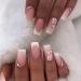 24 Pcs French Tip Press on Nails Medium Square Fake Nails Gradient Pink Acrylic Nails Full Cover False Nails with Rhinestones & Flowers Exquisite Designs White Nail Tips Stick on Nails for Women