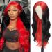 Ombre Red Root Highlight Side Part Wig 30 Skunk Stripe Long Wavy Synthetic Hair Wigs for Black Women Body Wave Synthetic Lace Front Wig(RS200D/1B)