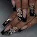 French Tip Press on Nails Long Coffin Black Fake Nails with Glitter Gold Snake Rhinestone Design Glue on Nails for Women Acrylic False Nails Stick on Nails Manicure Nail for Wedding