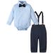 mintgreen Baby Boy Suit Wedding Outfit Bodysuit Gentleman Clothing Set Suspender Trousers + Shirt + Bow Tie 3-6 Months Solid Blue