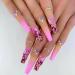 QINGGE Rhinestones Coffin Press on Nails Long Fake Nails with Flower Design Pink Ballerina Glue on Nails Matte Stick on Nails for Women 1B-Pink Flower