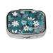 Teal Grey and White Floral Printing 2 Compartment Small Pill Case Cute Small Pill Box Purse Pill Boxs Travel Pill Organizer for Pocket Purse and Travel Gifts