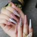 HUJL Artificial Nails Extralong Coffin Fake Nails Rhinestone Luxury Coffin AB Holographic Rhinestone Fake Nail Coffee