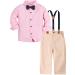 mintgreen Baby Boy Outfits Set 4pcs Infant Gentalman Wedding Suit Long Sleeves Striped Shirts + Trousers + Suspenders + Bowtie 12-18 Months Pink