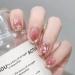 SINLOV Medium Long Square Fake Nails Pink Flower French False Nail Glossy Full Cover False Nails Press on Nails for Women and Girls