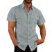 BEUU Cotton Linen Shirts for Mens, Summer Short Sleeve Button Down Double Pocket T Shirt Relaxed Fit Loose Beach Tops 175- Gray X-Large