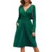 OUGES Women's Spring Casual Midi Dress Long Sleeve V-Neck Floral Ladies Wrap Dress with Pockets L Green