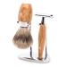 M HLE KOSMO shaving set - brush made of fine badger hair safety razor and holder - handles made of olive wood and metal accents