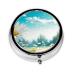 Cute White Daisies Portable Metal Pill Box Round Mini 3-Compartment Plastic Insert hinged Fastening Design Suitable for Small Pills Must-Have for Travel Black