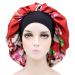 Wide Band Large Satin Bonnet Cap Bonnets for Women Silky Bonnet for Curly Hair Women Hair Wrap for Sleeping Double Layers (Red Flowers)