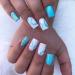 MISUD Short Square Press on Nails Squoval Fake Nails Glossy Glue on Nails Blue Swirl Artificial Acrylic Nails Bling Glitter Stick on False Nails with Design 24 pcs 0001-MS009
