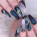 Blue Press on Nails Medium Fake Nails Press on Nails Coffin with Gold Foil & Rhinestone Design Glossy Glue on Nails Full Cover False Nails Acrylic Nails Stick on Nails for Women and Girls 24Pcs A8