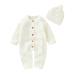 DovFanny Baby Boys Girls Romper Suit Lovely Solid Color Knit Jumpsuit Cute Casual Long Sleeve Winter Warm Outfit Clothes with Hat for Newborn Baby 0-3 Months White