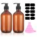 2 pieces 500 ml of shampoo bottles for filling shower gel bottle empty refillable pumping soap donor plastic for lotions shampoos with funnels labels (brown)
