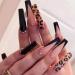 JUSTOTRY 24 pcs Leopard Fake Nails Long with Pearls Black French Press on Nails Patterns Ballerina Stick on Nails for Women Acrylic Coffin Medium False Nails with Glue for Nail Art black&leopard1