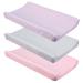 CaSaJa Diaper Changing Pad Cover for Baby Girls Set of 3, Snug Fit 4-Sided Contoured Changing Table Pad 16x31 16x32, Fitted Change Pad Sheet Gray Purple Pink, 100% Silky Soft Breathable Microfiber Light Grey & Light Purple & Pink Pack of 3