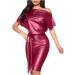 Faux Leather One Shoulder Party Dress Wine X-Large | Short Sleeve Mini Clubwear Evening Dress for Women - Buy Online on GoSupps.com