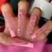Justotry 24 pieces flower coffin nails to stick on with butterfly pink French artificial nails ballerina artificial nail press on nails with glue coffin fingernails fake nails medium for women butterfly & pink 1