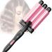 Curling Iron 3 Barrels Beach Waves - Wave Iron Curling Iron Adjustable Fast Heating Curling Iron for Long Short Hair Pink