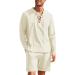 COOFANDY Men's 2 Pieces Cotton Linen Set Long Sleeve Lace Up Henley Shirts And Casual Beach Shorts Summer Yoga Outfits Beige X-Large