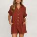 ESCBUKI Women's Button Down Jumpsuit - Solid Color Knee Length Romper Dress - Red Flowy Pantsuit - Buy Online on GoSupps.com