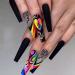GORS Long Black Press on Nails Colorful Coffin Fake Nails with Designs Full Cover False Nails with Graffiti Musical Note Designs Glossy Stick on Nails Acrylic Artificial Glue on Nails for Women Girls