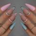 JUSTOTRY 24 Pcs Matte Stiletto Short False Nails with Heart Pattern Pale Pink and Blue French Press on Nails Pretty Fake Nails Short with Nail Glue Almond Medium Stick on Nails for Women pink&heart1