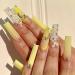 JUSTOTRY 24 Pcs Diamante Fake Nails Long Lemon French Press on Nails with Flower Designs Nude Medium Ballerina Stick on Nails for Women Acrylic Coffin False Nails with Glue for Nail Art dflf