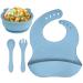 Vicloon Baby Weaning Set 4 Pcs Silicone Baby Feeding Set Suction Plate Bowl Bib Spoon and Fork BPA Free Silicone Feeding Set Toddlers and Kids Bowl Set Gift for Kids (Blue) Bear Sucker Bowl - Blue