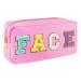 Nylon Waterproof Preppy Makeup Bag- Girls Chenille Letter Portable Travel Organizer Pouches for Toiletries and Cosmetics Storage Bag with Patches (Pink-Face)