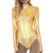 Genetic women metallic liquid glossy long arm gymnasium ballet dance leotard body synthetic leather stage dance clothes costume catsuit overall silver bodies for women short arm gold-c XL