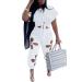 Women 2 Piece Outfits Summer Casual Short Sleeve Knot Crop Top Flower Hollowed Out Sweatpants Tracksuit Allwhite Large