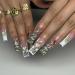 French Tip Press on Nails Long Square Fake Nails Pink Acrylic False Nails with 5D Heart Rhinestones Charms Designs Gold Dollar Symbol Charms Glitter Artificial Nails Stick on Nails for Women 24Pcs A11