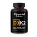 Elemental Nutrition Vitamin K2 with D3 Extra Strength Supplement Bone | Heart Health Non-GMO Formula 5000 IU Vitamin D3 125 mcg & 100 mcg Vitamin K2 | Easy to Swallow Vitamin K & D 30 Capsules.
