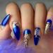 Blue Press on Nails Almond Medium Artificial False Nails Blue Rhinestones Gold Foil Design Acrylic Nails Full Cover Glossy Coffin Fake Nails Charm French Stick on Nails Set Glue on Nails for Women Gold Foil and Rhinestones