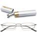 Vevesmundo metal reading glasses mini compact light spring hinge narrow classic reading aid glasses with metal etui 1 piece of silver blue light filter reading glasses 1.0 x