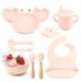 Toddler Feeding Set Silicone Baby Weaning Set with Suction Plate & Bowl Straw Sippy Cup or Snack Cup Adjustable Bib Folk & Spoon Easy Wipe Clean Feeding Sets (Light Pink Y22)