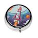 Cartoon Rocket and Universe Portable Metal Pill Box Round Mini 3-Compartment Plastic Insert hinged Fastening Design Suitable for Small Pills Must-Have for Travel Black